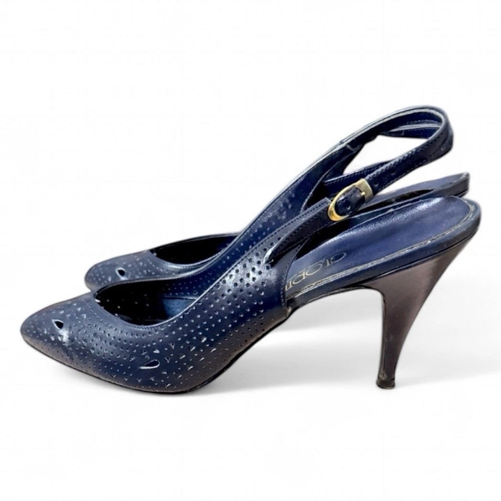 Vintage Glorius Navy Slingback Heels 8 Pointed Toe Made in Spain Vtg